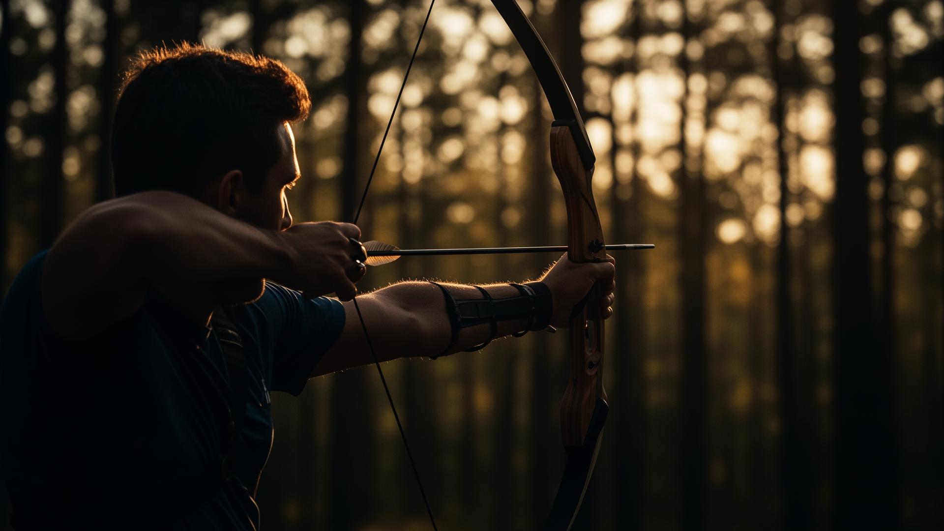 Lukostrelec pri napnutej tetive v outdoor prostredí